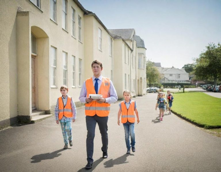 A man and two children wearing hi-vis vests walking along a school path.