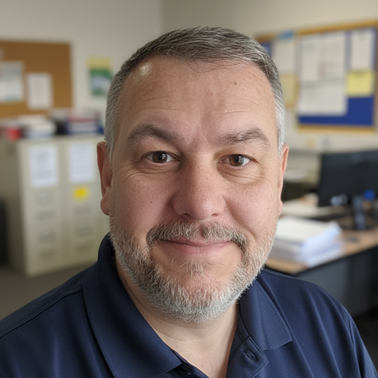 Portrait of a man with short grey hair, smiling in an office setting.